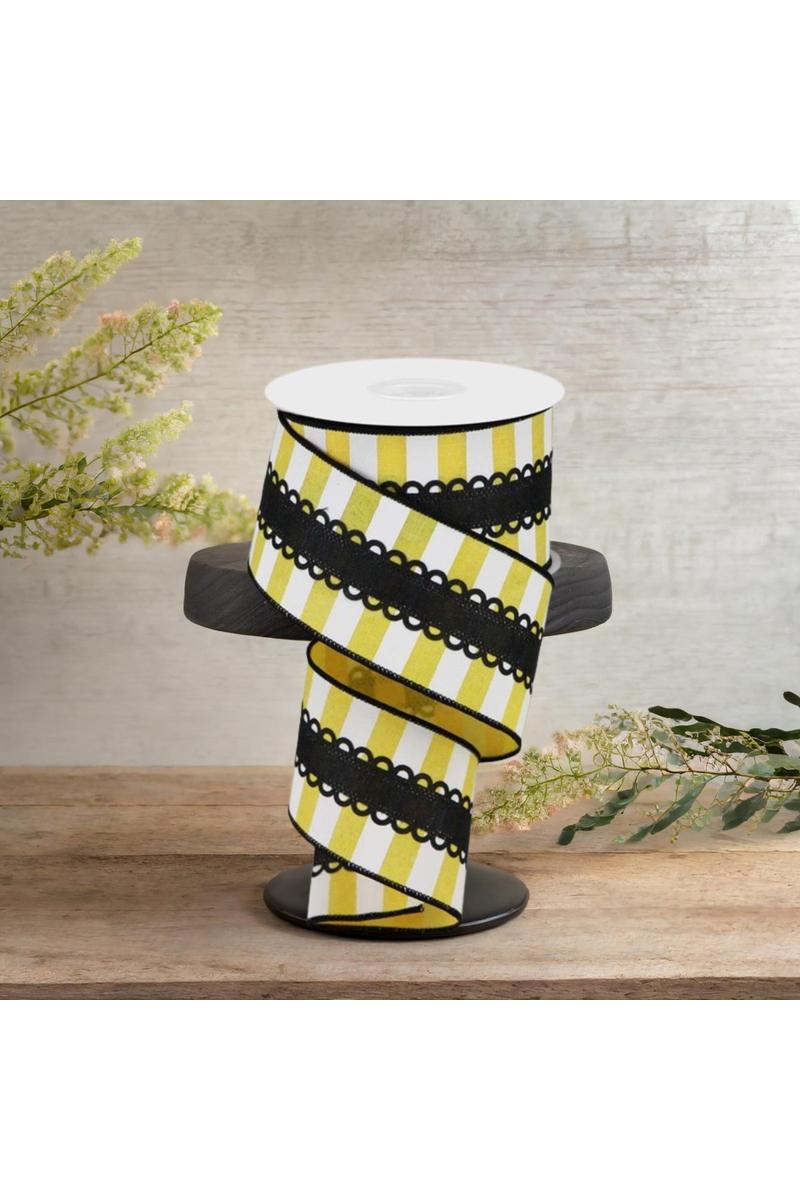 Shop For 2.5" Lace On Horizontal Stripe Ribbon: Black, Yellow, White (10 Yards)