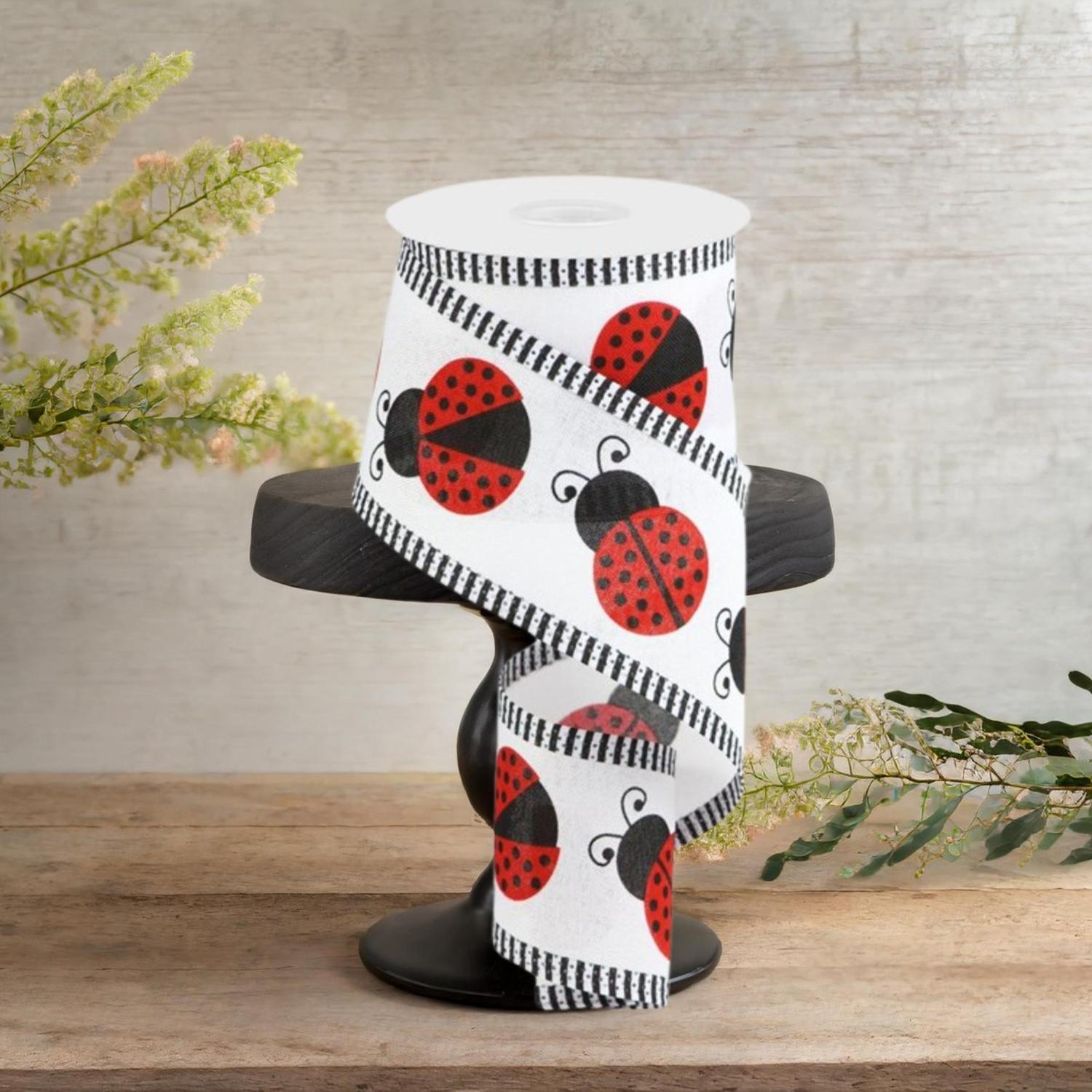 2.5" Ladybug Thin Stripe Ribbon: White (10 Yards)