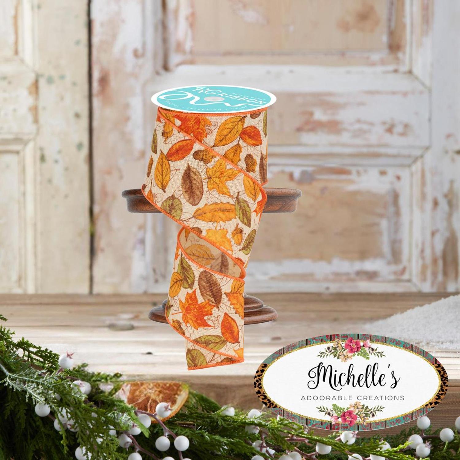 2.5" Leaves and Acorns Ribbon: Tobacco (10 Yards)