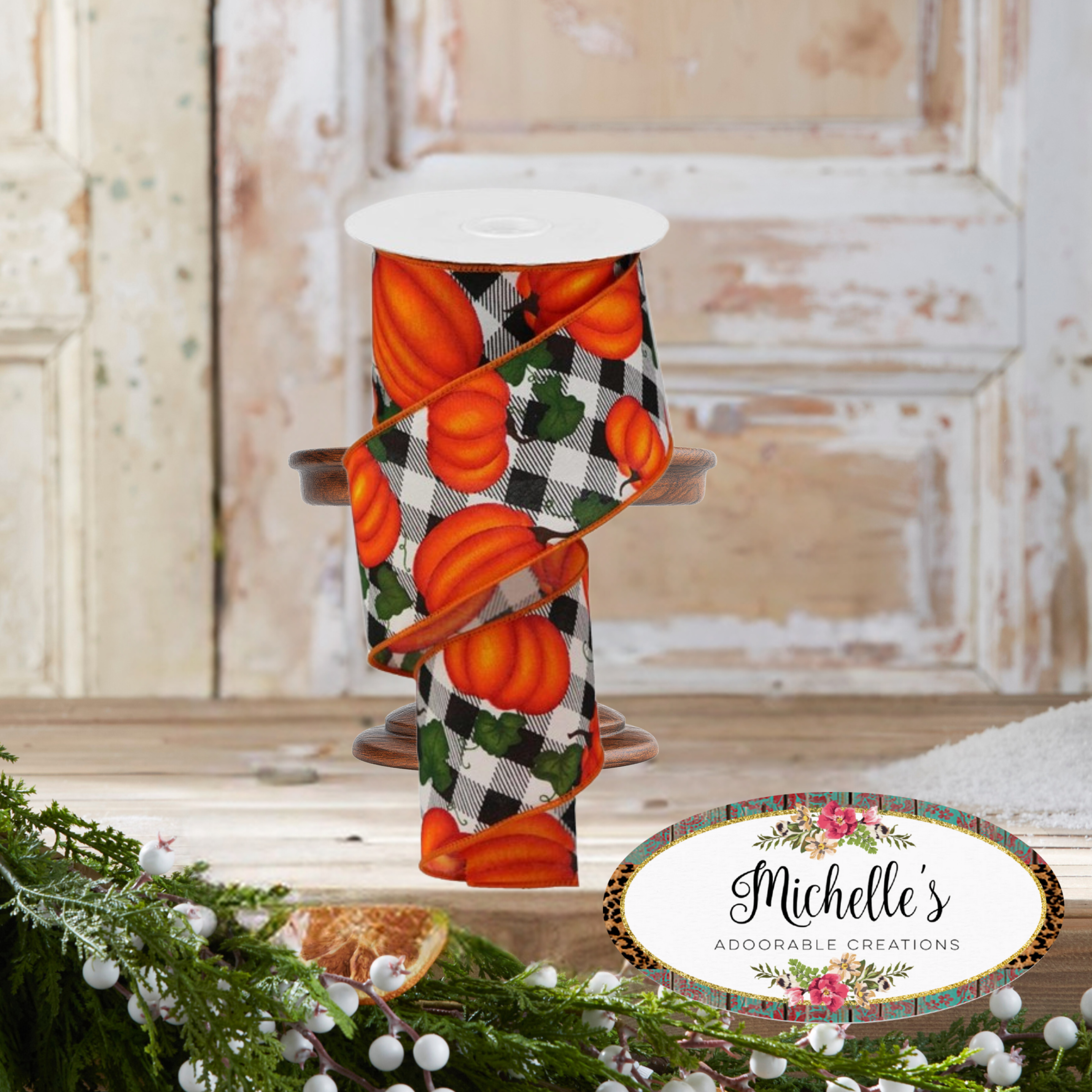 Shop For 2.5" Leaves Pumpkin on Check Ribbon: Cream (10 Yards)