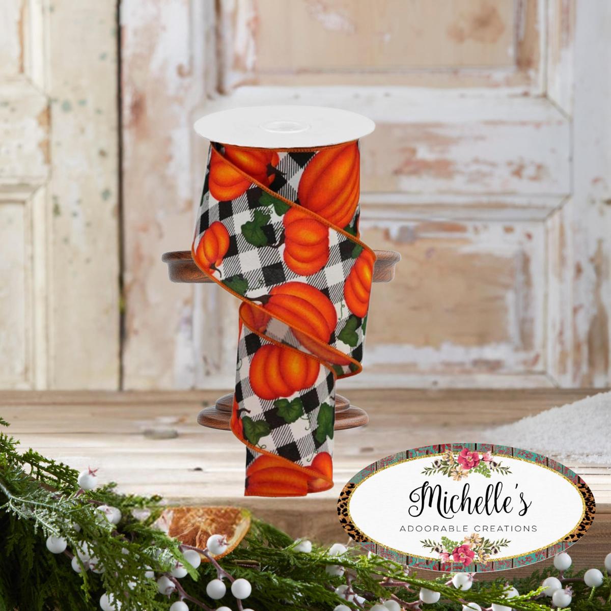 Shop For 2.5" Leaves Pumpkin on Check Ribbon: Cream (10 Yards)