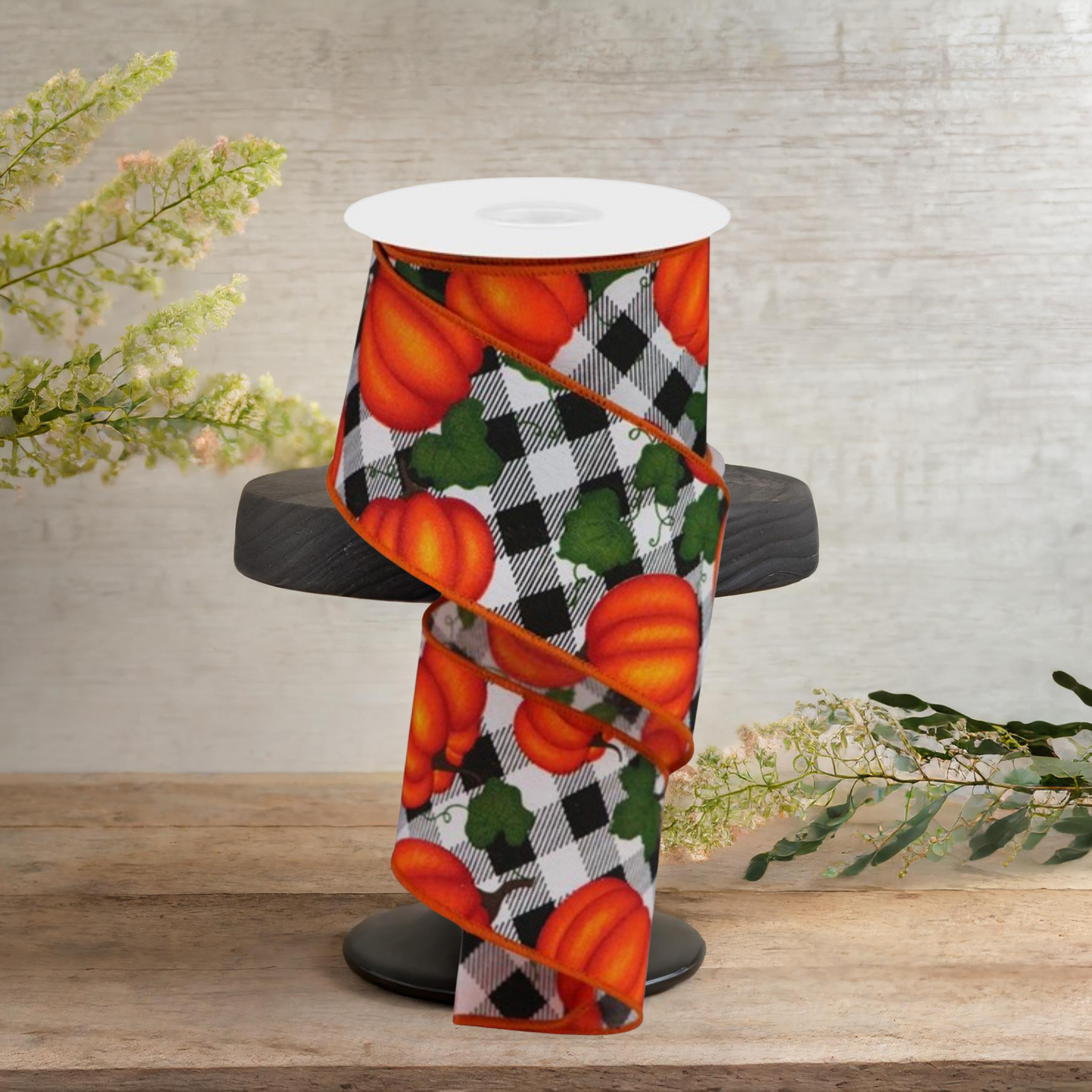Shop For 2.5" Leaves Pumpkin on Check Ribbon: White (10 Yards)