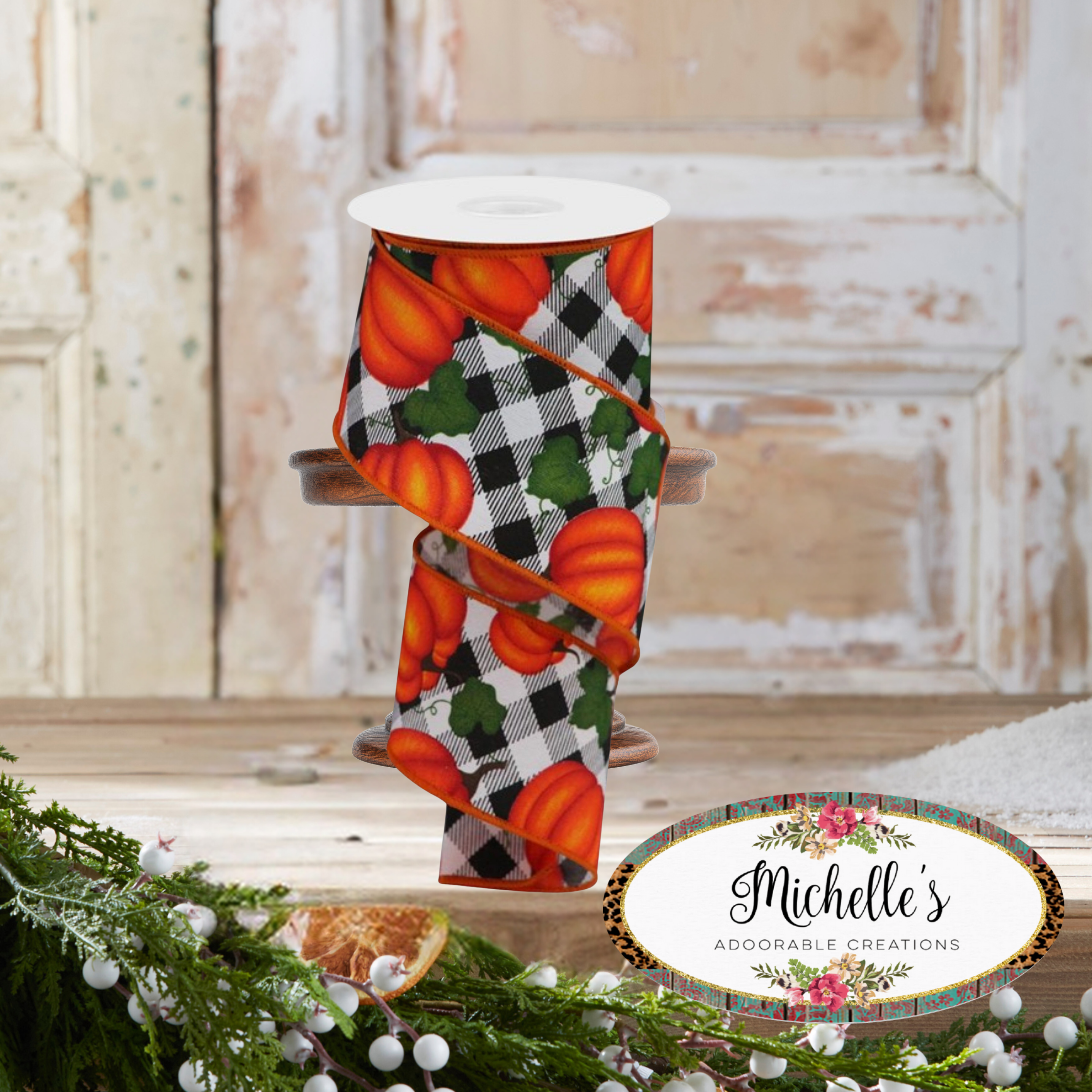 Shop For 2.5" Leaves Pumpkin on Check Ribbon: White (10 Yards)