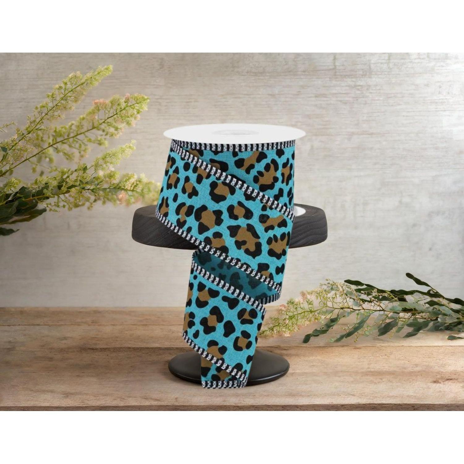 2.5" Leopard Print Thin Stripe Ribbon: Light Teal (10 Yards)