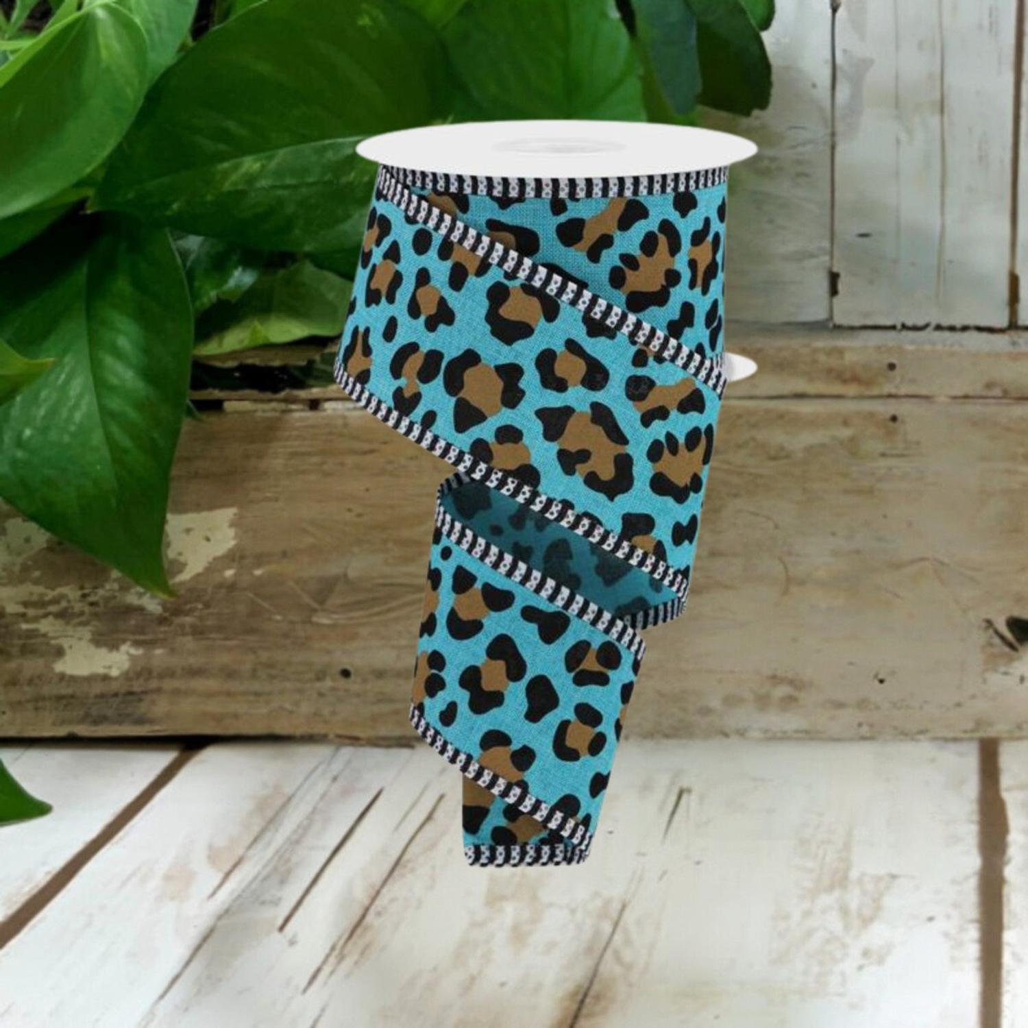 2.5" Leopard Print Thin Stripe Ribbon: Light Teal (10 Yards)