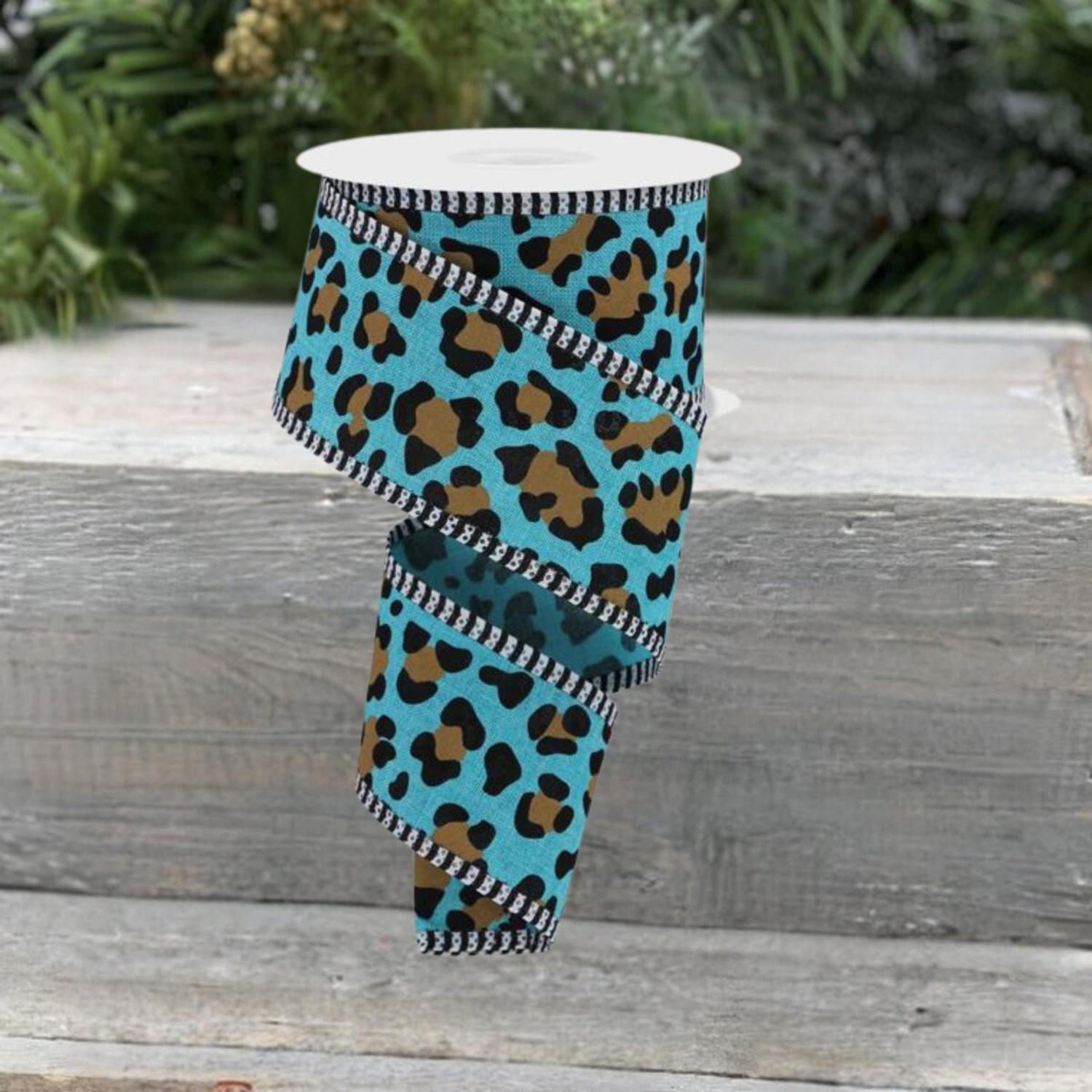 2.5" Leopard Print Thin Stripe Ribbon: Light Teal (10 Yards)