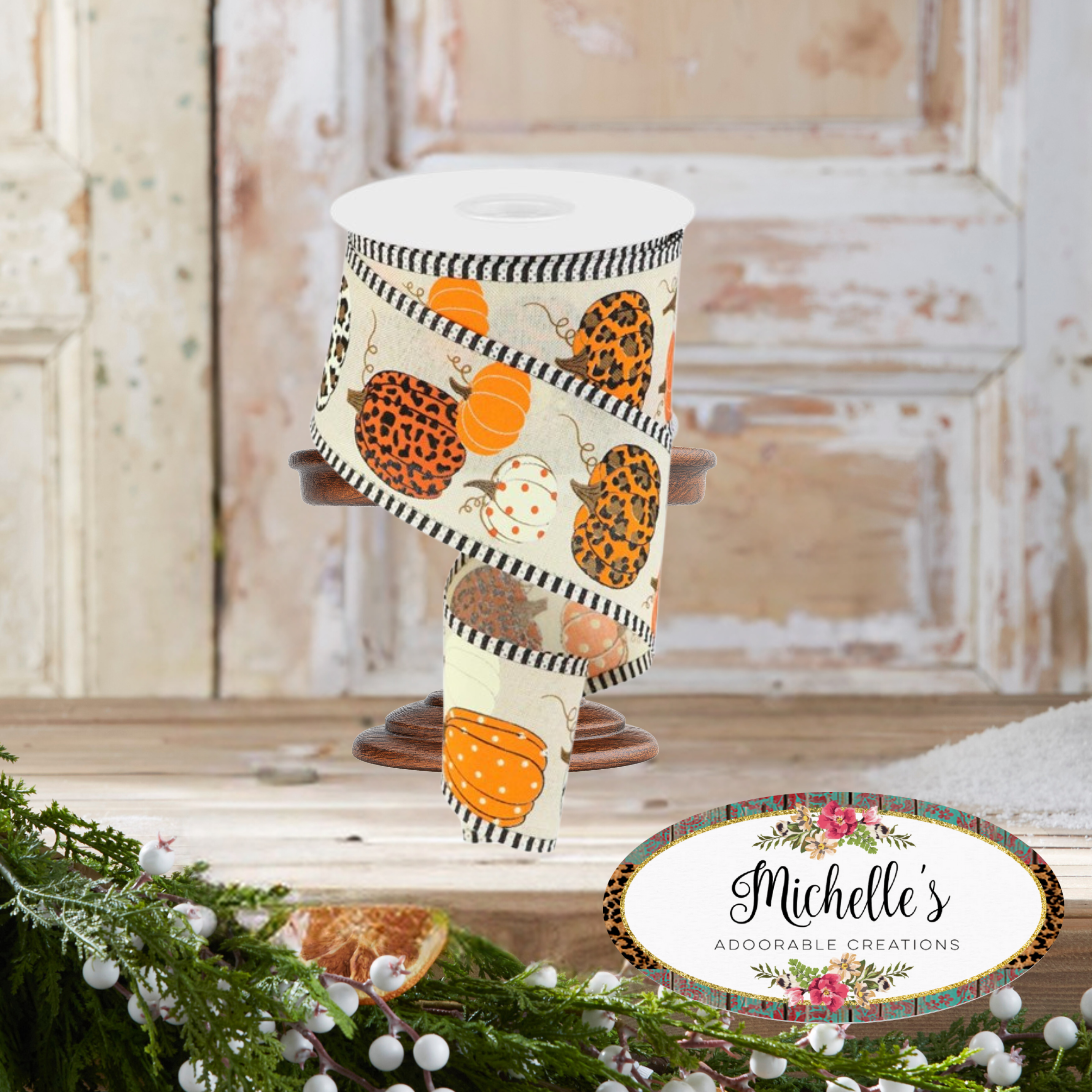 Shop For 2.5" Leopard Pumpkins Stripe Edge: Cream/Orange (10 Yards)