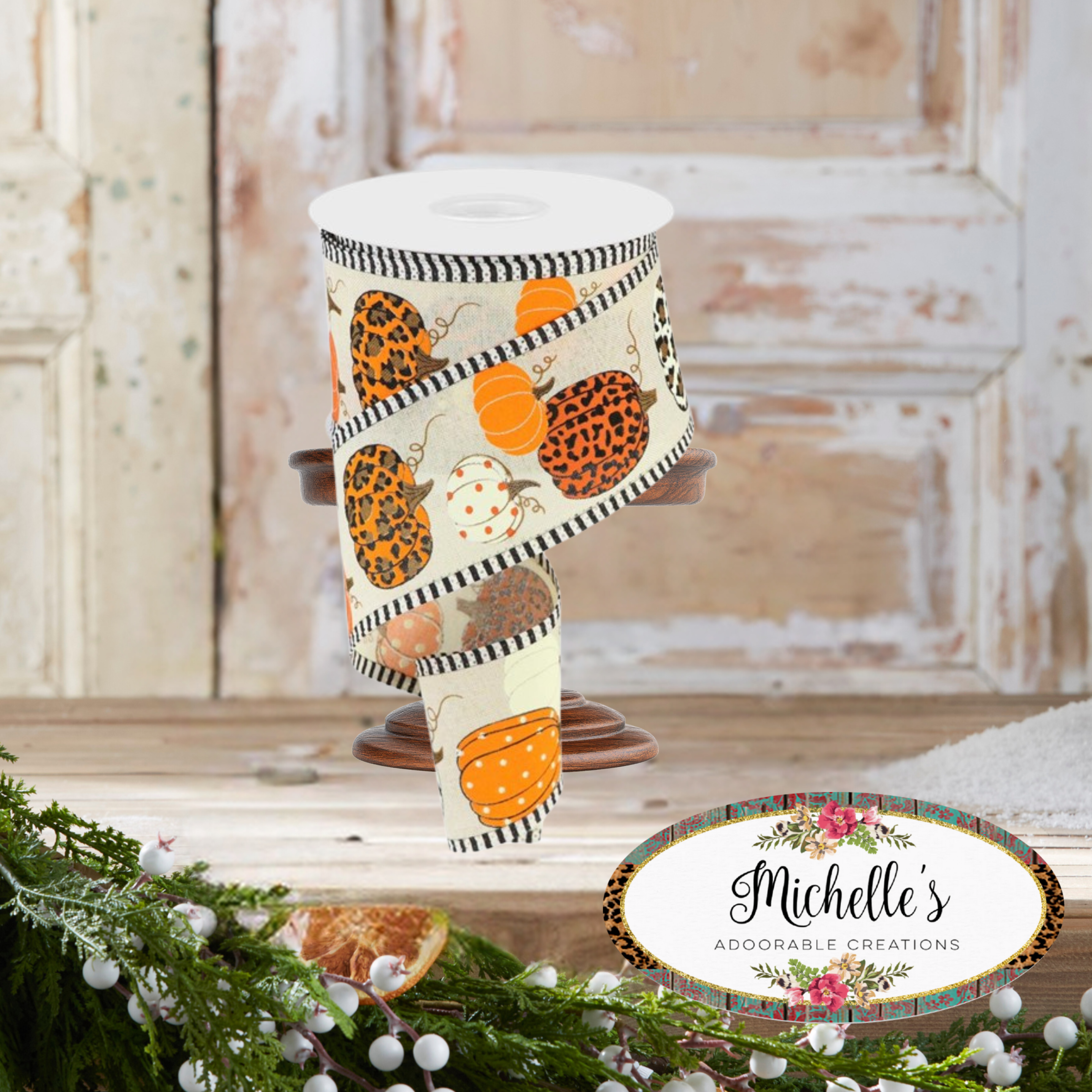 Shop For 2.5" Leopard Pumpkins Stripe Edge: Cream/Orange (10 Yards)