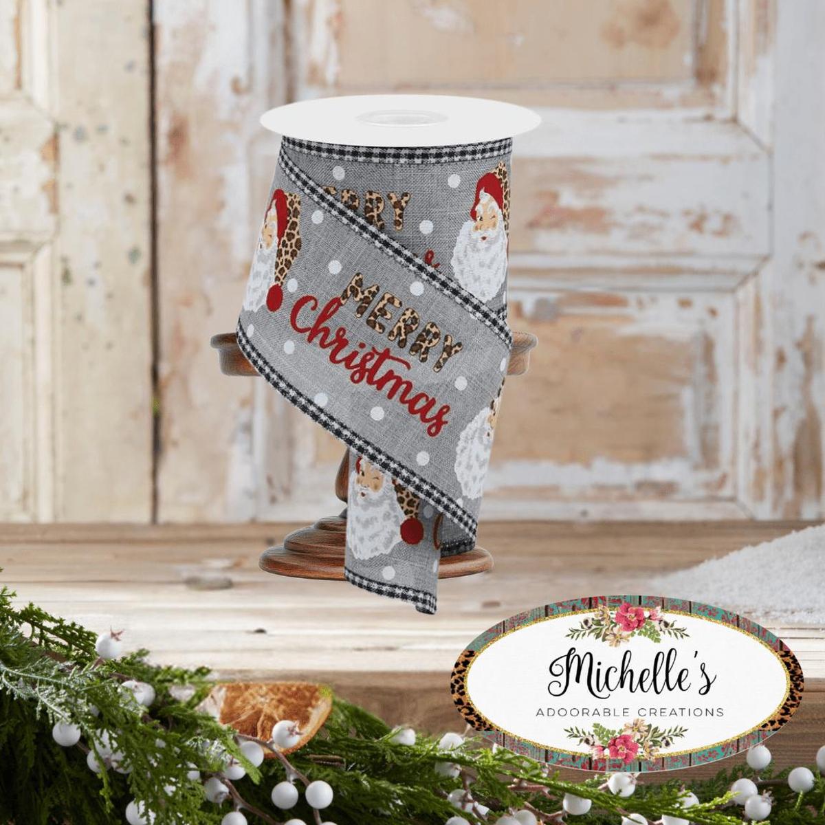 Shop For 2.5" Leopard Santa Check Edge Ribbon: Lt Grey (10 Yards)