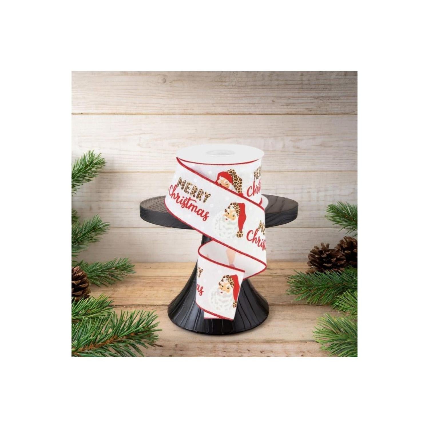 2.5" Leopard Santa Ribbon: White (10 Yards)