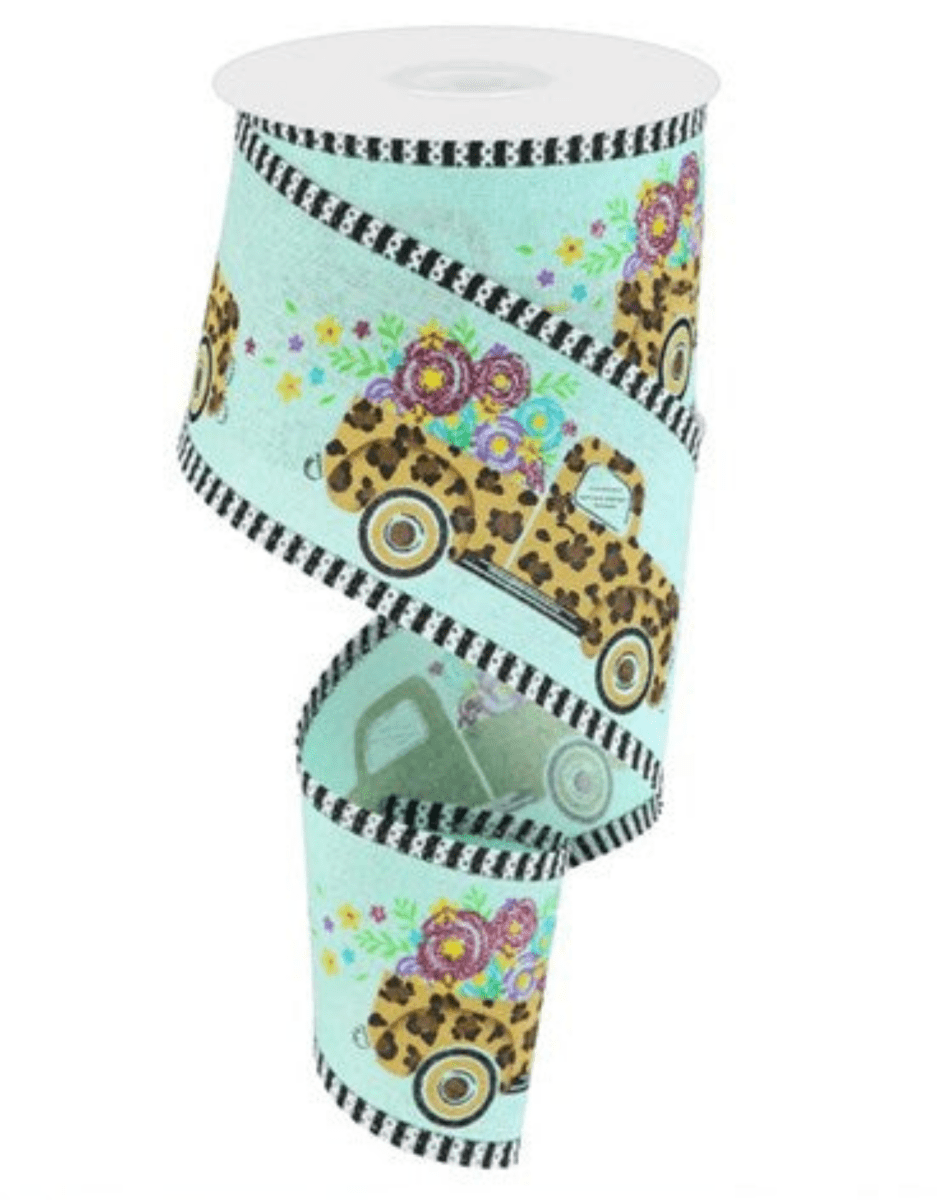 Shop For 2.5" Leopard Truck Flower Stripe Ribbon: Mint Green (10 Yards)