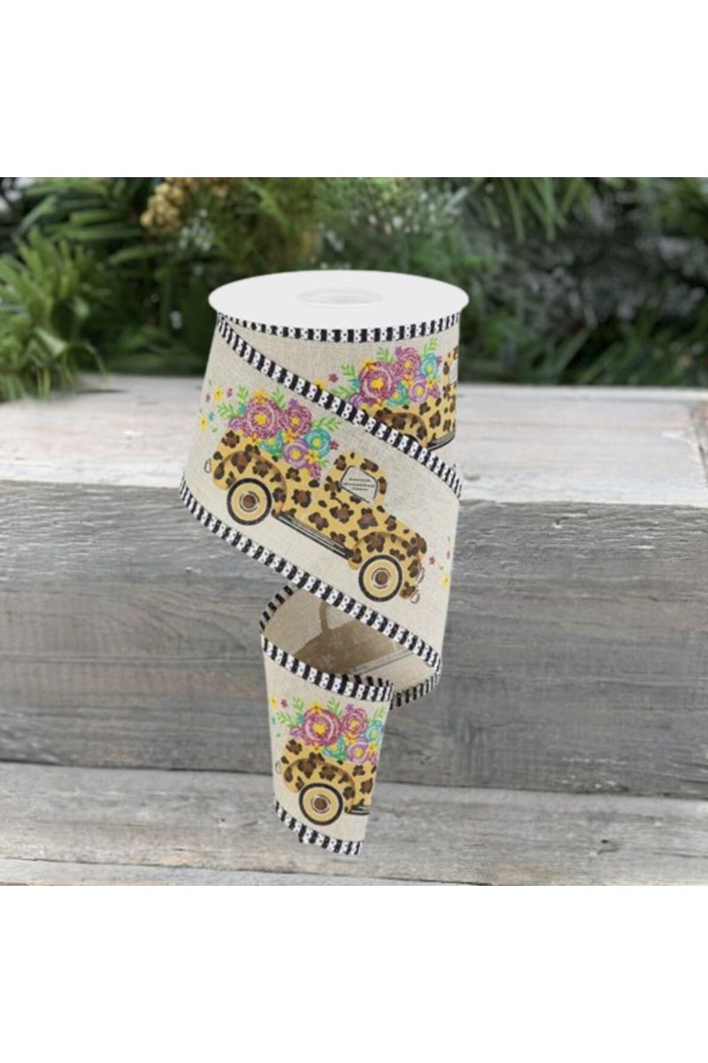 Shop For 2.5" Leopard Truck Flower Stripe Ribbon: Natural (10 Yards) at Michelle's aDOORable Creations