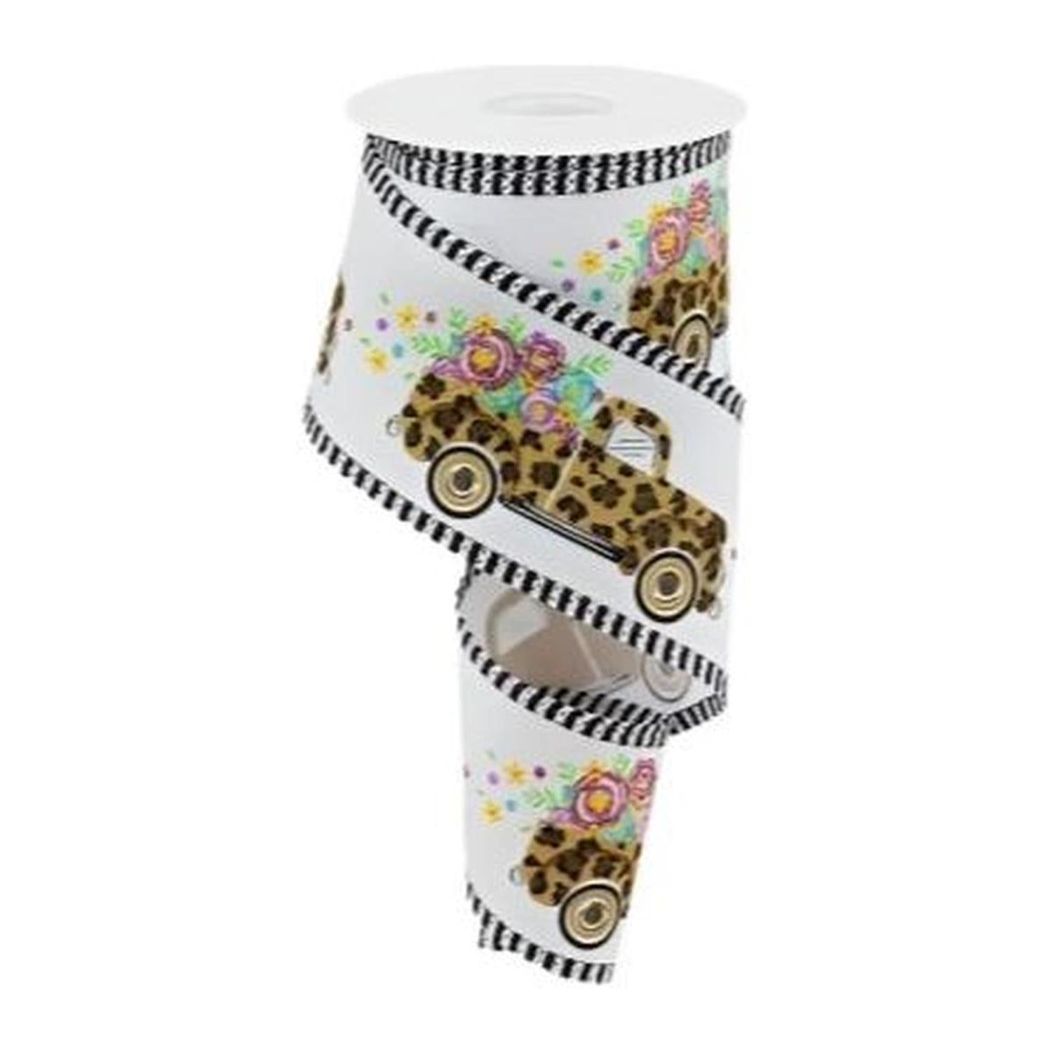 2.5" Leopard Truck Flower Stripe Ribbon: White (10 Yards)