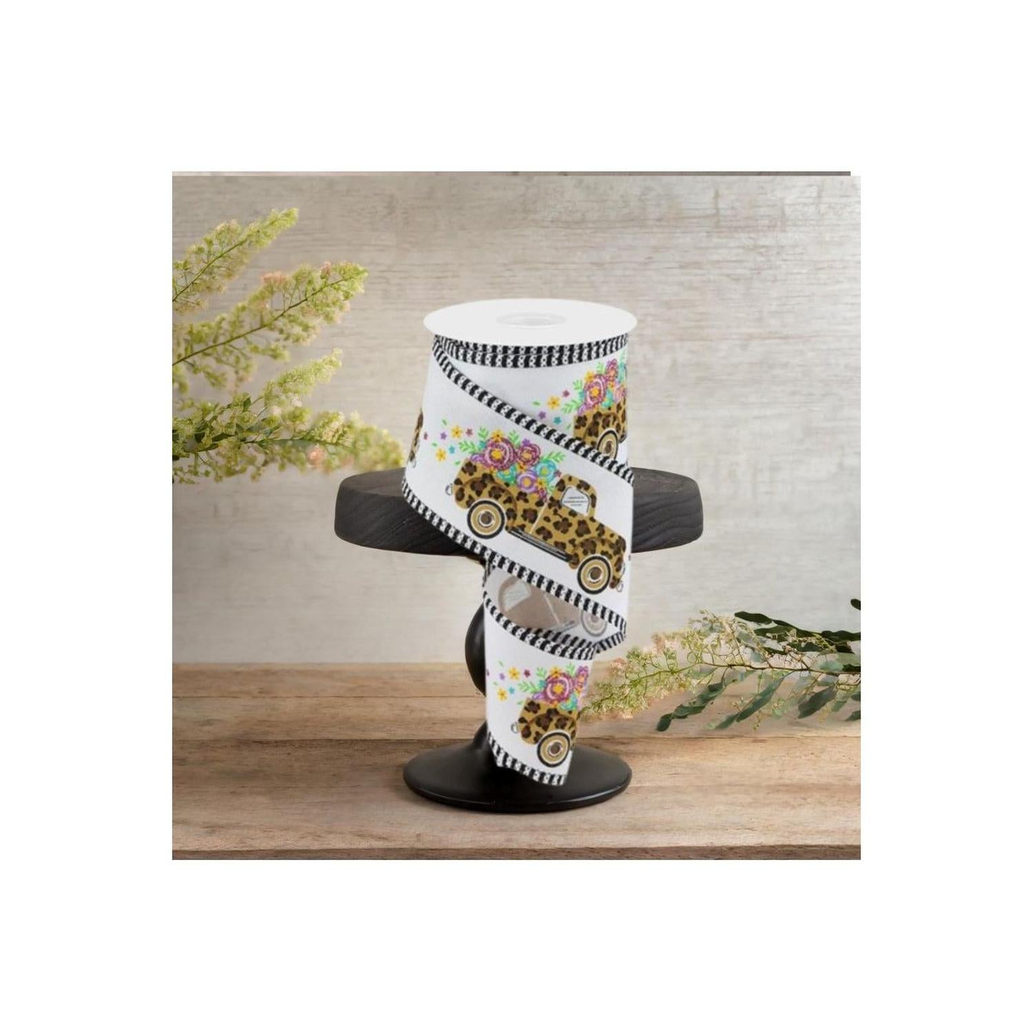 2.5" Leopard Truck Flower Stripe Ribbon: White (10 Yards)