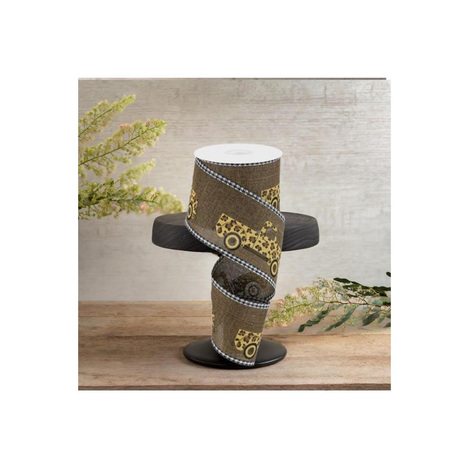 2.5" Leopard Truck Gingham Edge Ribbon: Brown (10 Yards)
