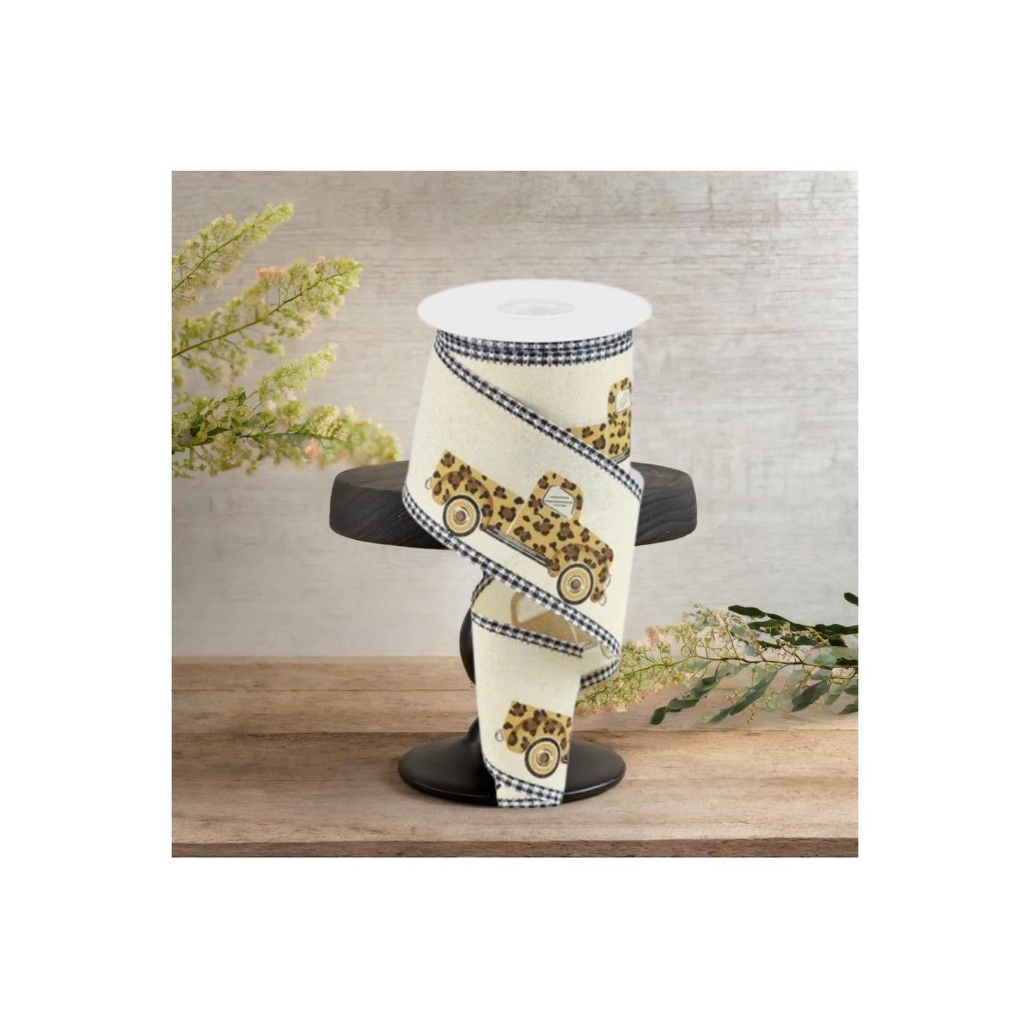 2.5" Leopard Truck Gingham Edge Ribbon: Cream (10 Yards)
