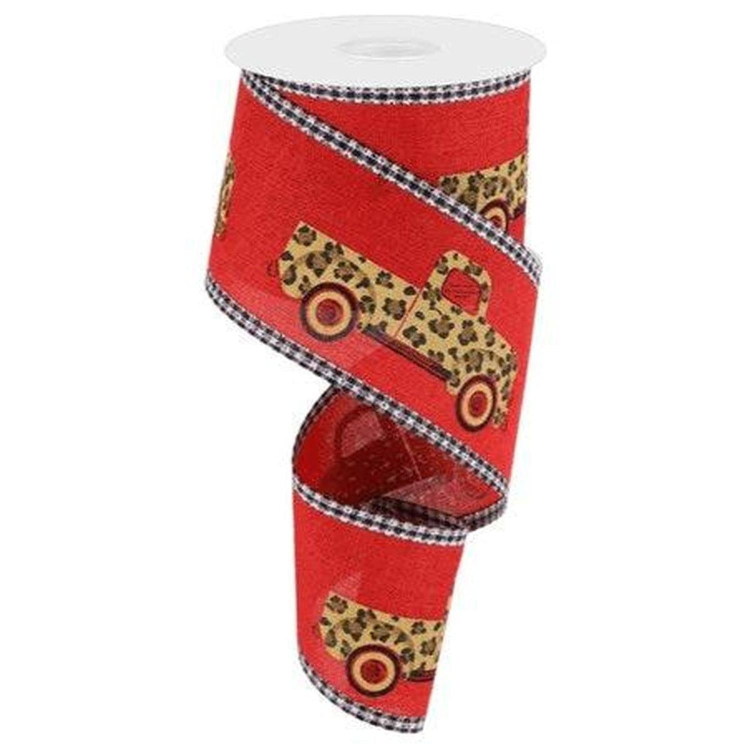 2.5" Leopard Truck Gingham Edge Ribbon: Red (10 Yards)