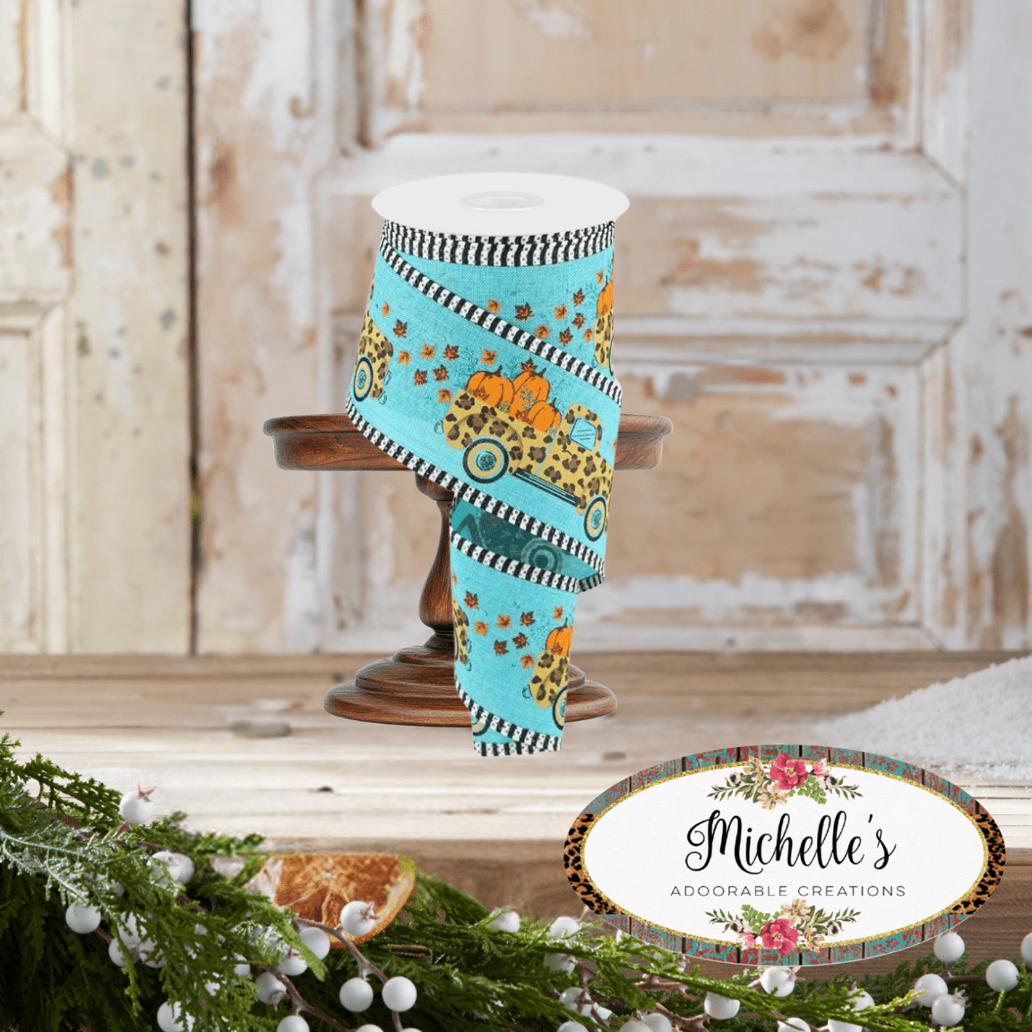 Shop For 2.5" Leopard Truck Gingham Edge Ribbon: Teal (10 Yards)