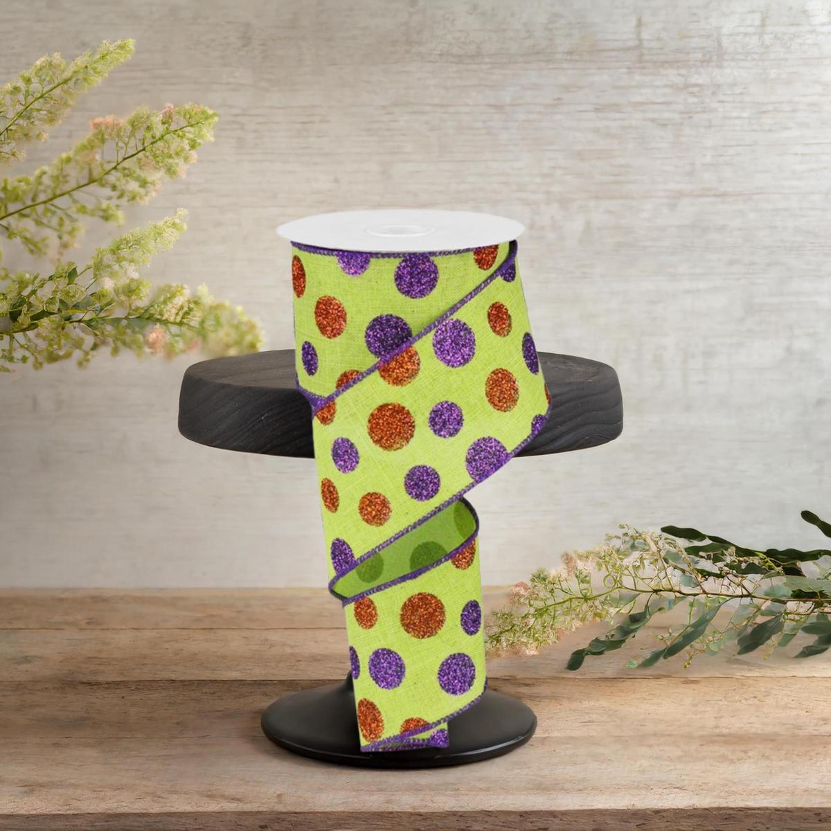 Shop For 2.5" Lime Green Ribbon with Multi Glitter Dots