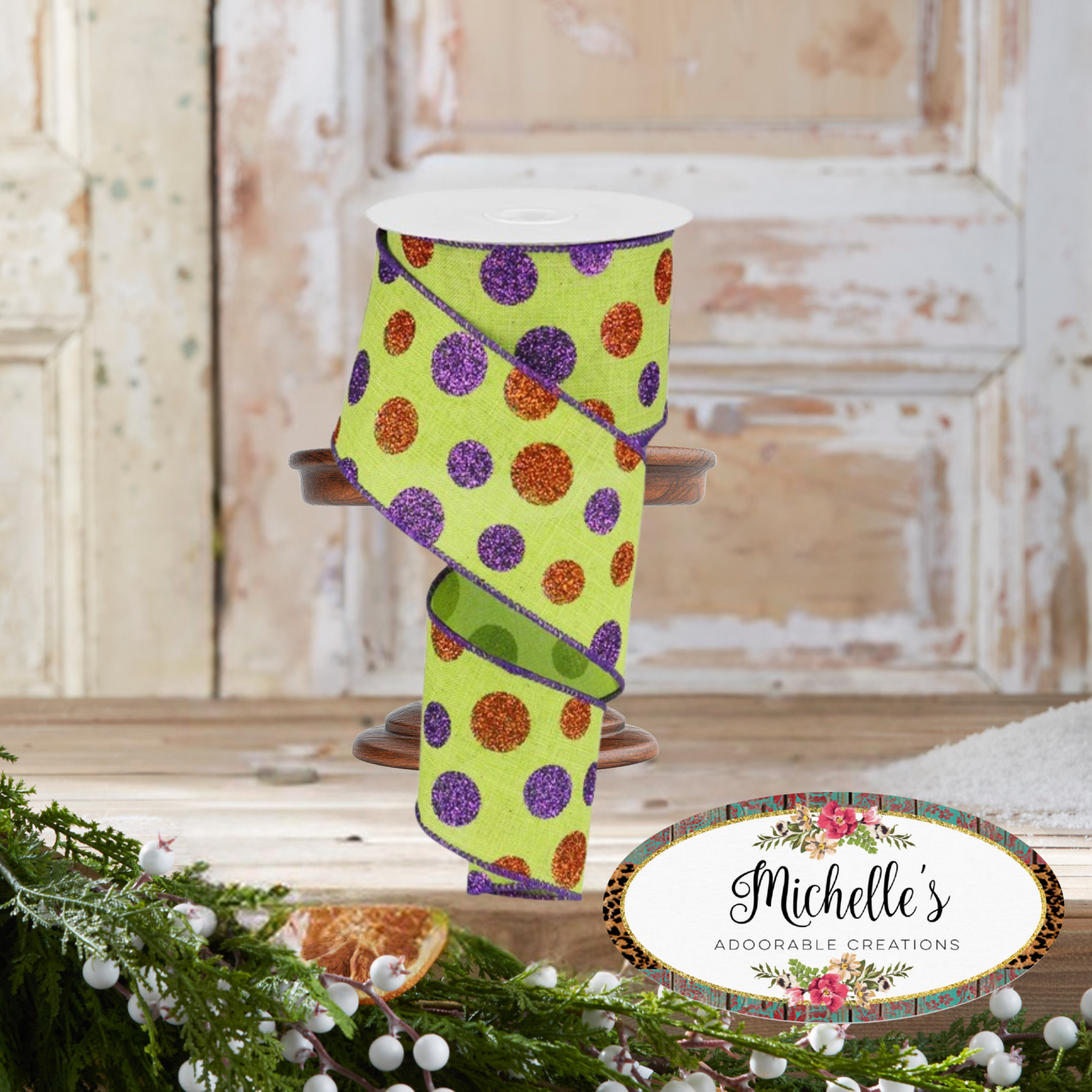 Shop For 2.5" Lime Green Ribbon with Multi Glitter Dots