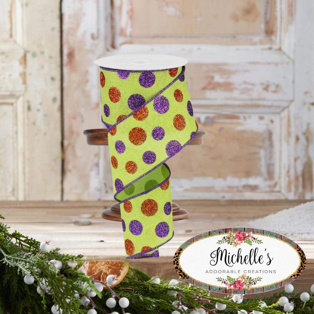 Shop For 2.5" Lime Green Ribbon with Multi Glitter Dots