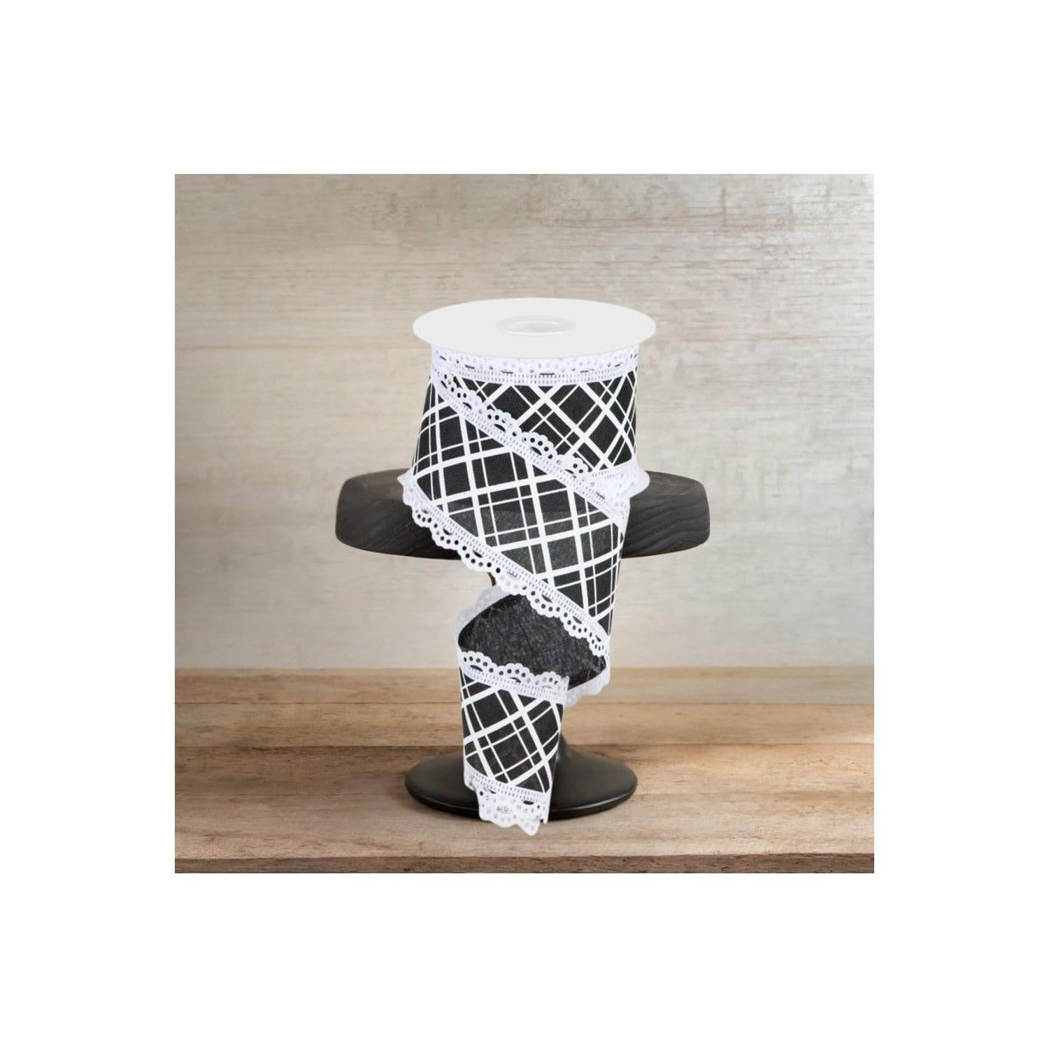 2.5" Line Check Lace Ribbon: Black/White (10 Yard)