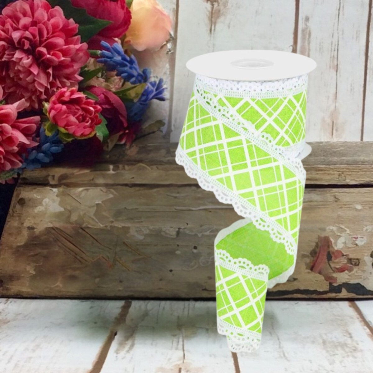 Shop For 2.5" Line Check Lace Ribbon: Lime Green (10 Yard) at Michelle's aDOORable Creations