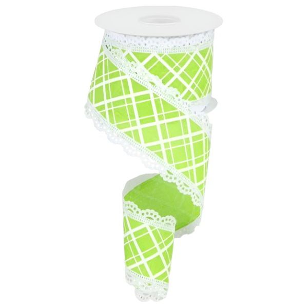Shop For 2.5" Line Check Lace Ribbon: Lime Green (10 Yard) at Michelle's aDOORable Creations