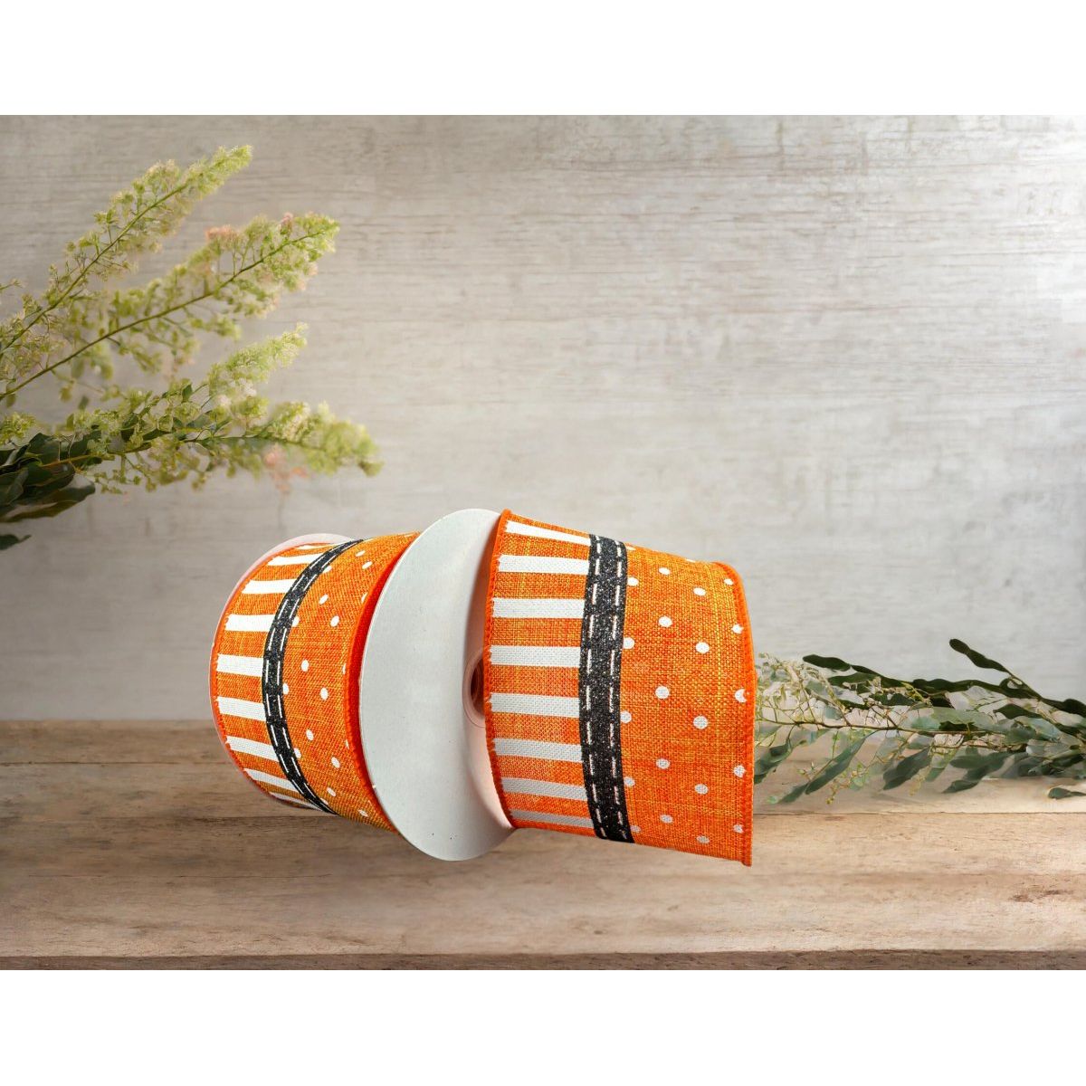 Shop For 2.5" Linen Dots & Stripes Ribbon: Orange, Black, White (10 Yards) at Michelle's aDOORable Creations