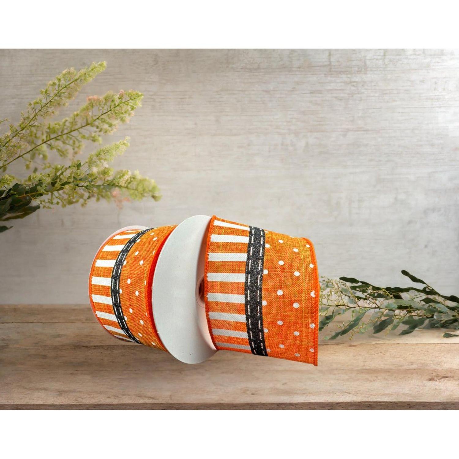 Shop For 2.5" Linen Dots & Stripes Ribbon: Orange, Black, White (10 Yards) at Michelle's aDOORable Creations