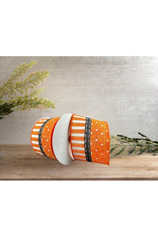 Shop For 2.5" Linen Dots & Stripes Ribbon: Orange, Black, White (10 Yards) at Michelle's aDOORable Creations