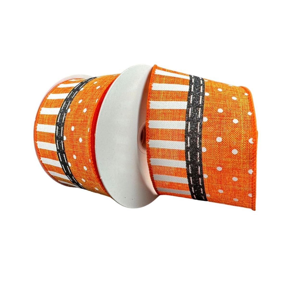 Shop For 2.5" Linen Dots & Stripes Ribbon: Orange, Black, White (10 Yards) at Michelle's aDOORable Creations