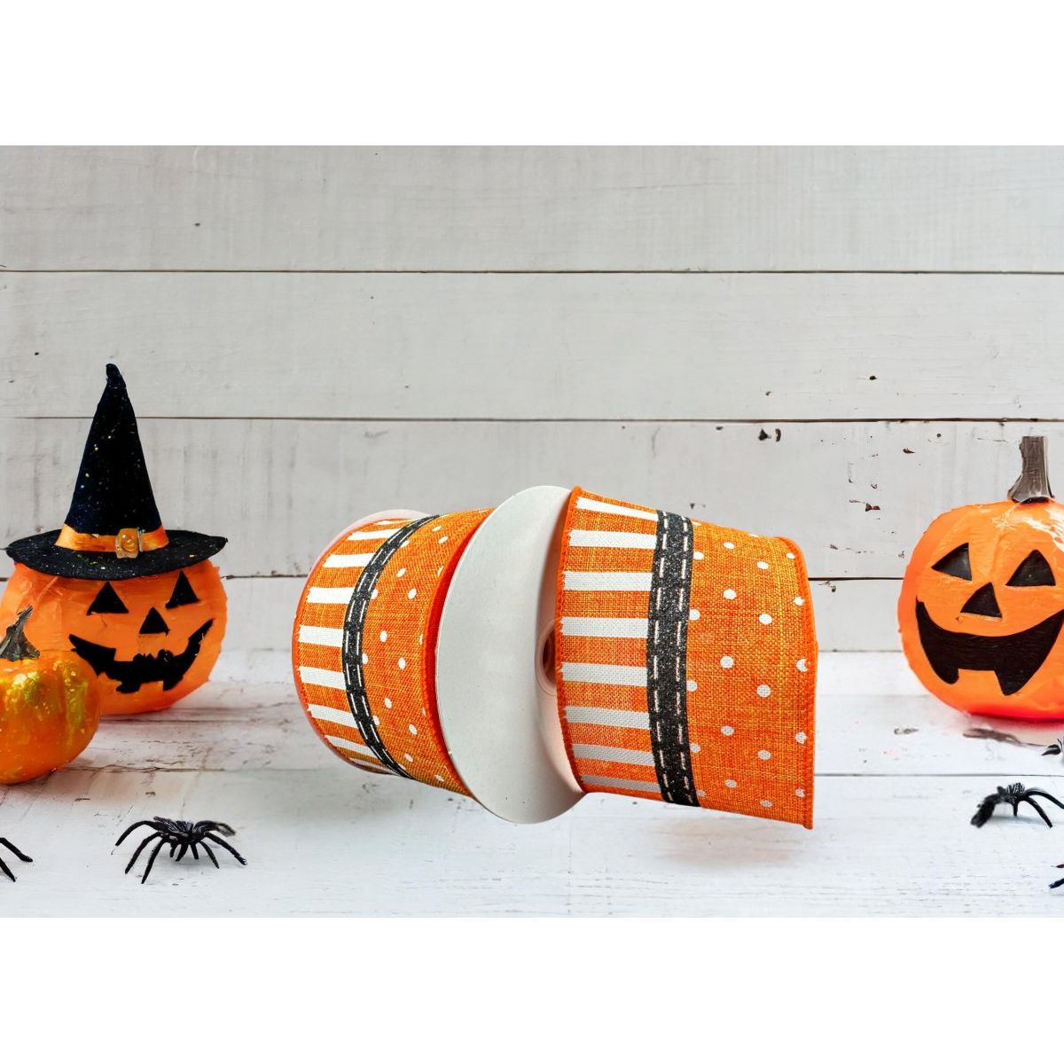 Shop For 2.5" Linen Dots & Stripes Ribbon: Orange, Black, White (10 Yards) at Michelle's aDOORable Creations