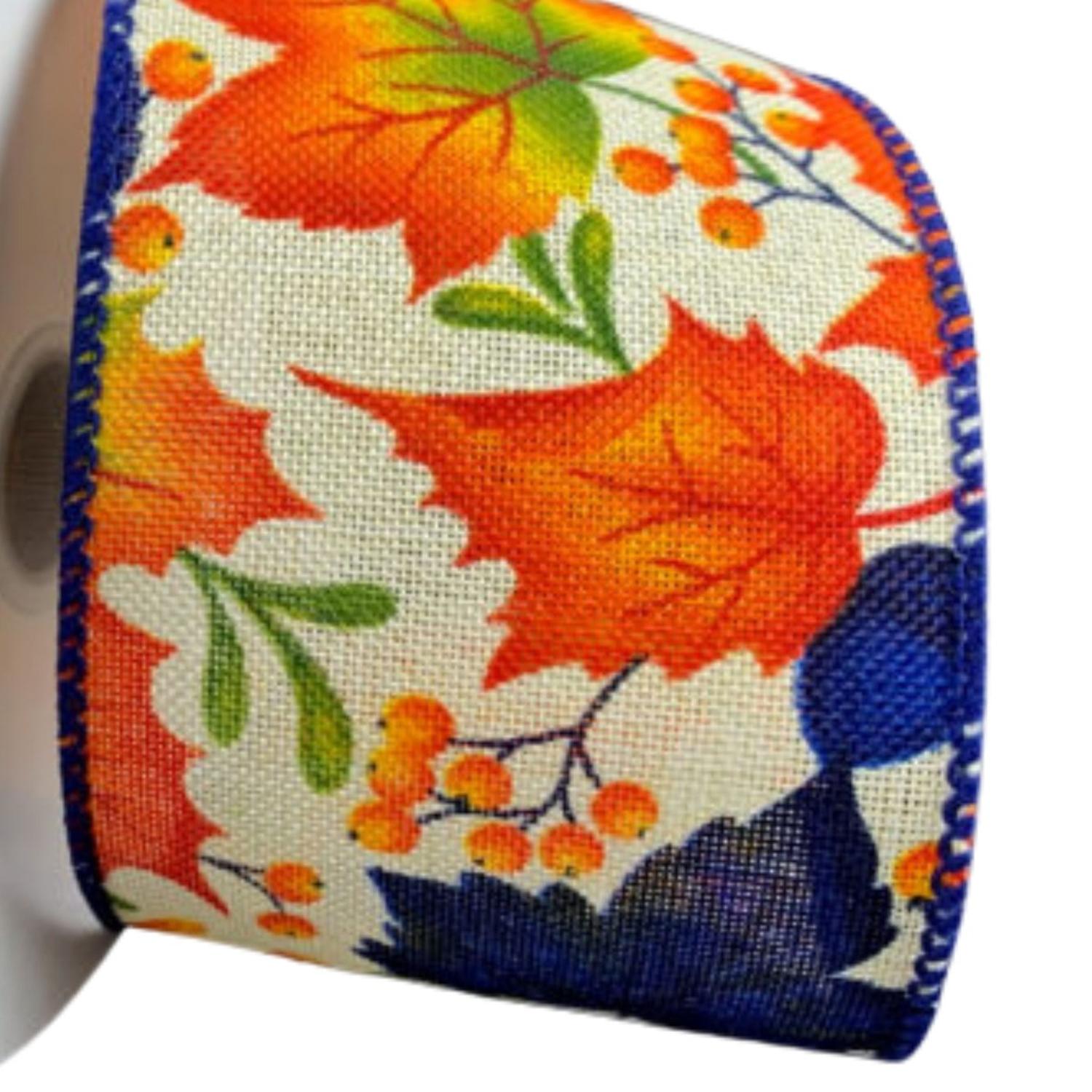 2.5" Linen Fall Leaves Ribbon: Navy/Ivory (10 Yards)