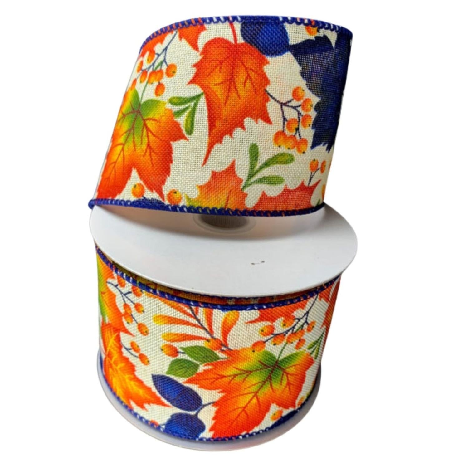 2.5" Linen Fall Leaves Ribbon: Navy/Ivory (10 Yards)