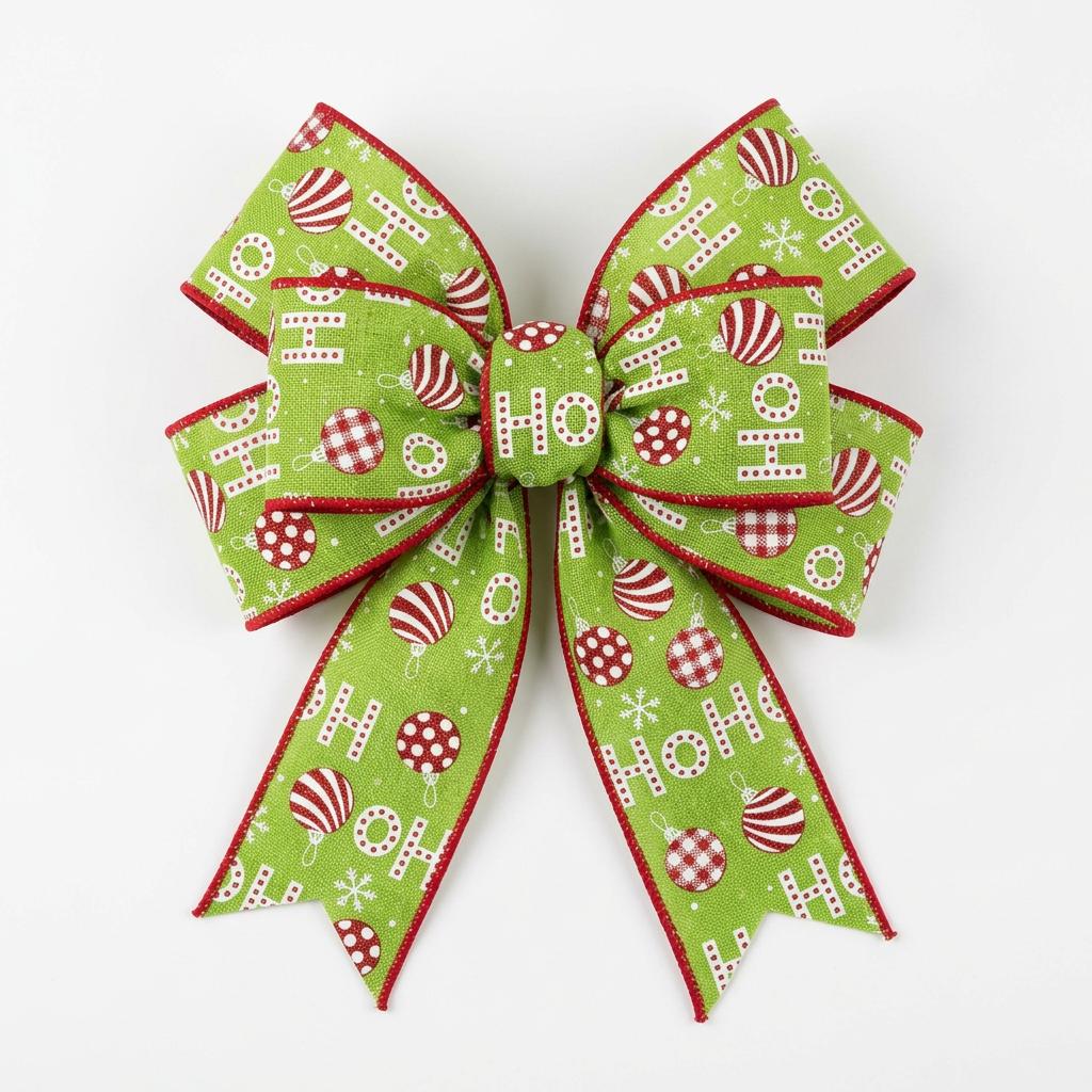 Pre-tied bow from lime green wired ribbon with holiday design