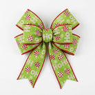 Pre-tied bow from lime green wired ribbon with holiday design