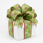 Gift box wrapped in lime green Ho Ho Ho wired ribbon