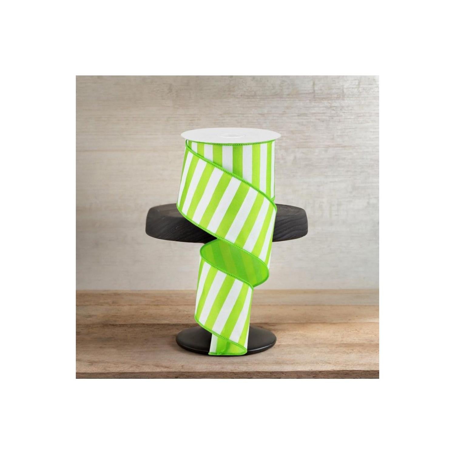 2.5" Medium Horizontal Stripe Ribbon: Lime Green & White (10 Yards)