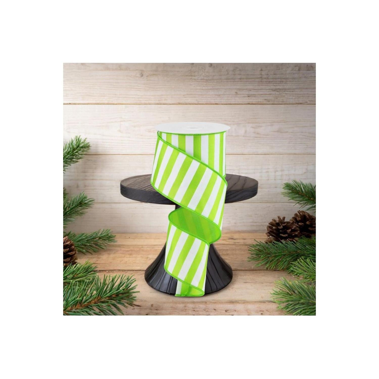 2.5" Medium Horizontal Stripe Ribbon: Lime Green & White (10 Yards)