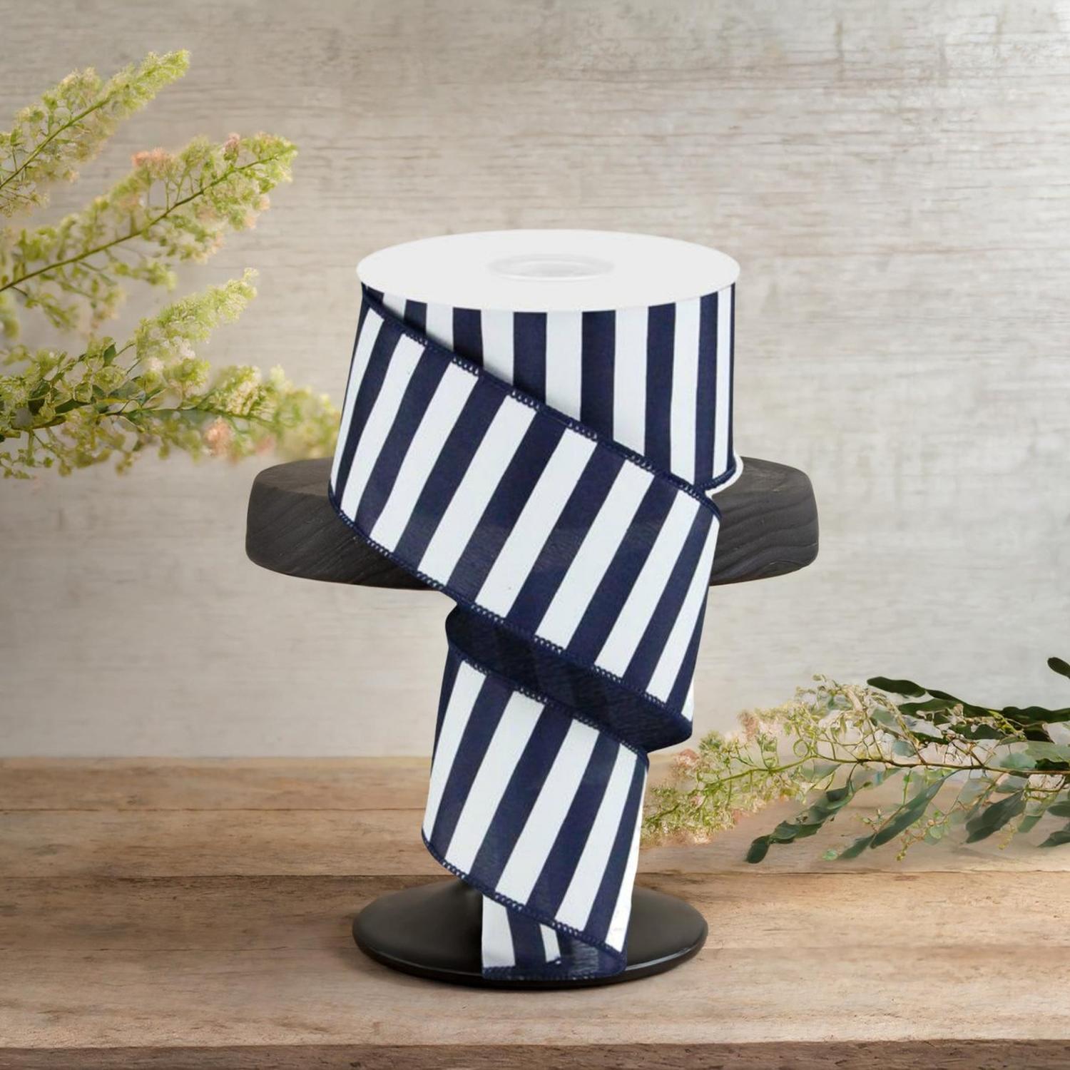 2.5" Medium Horizontal Stripe Ribbon: Navy Blue & White (10 Yards)