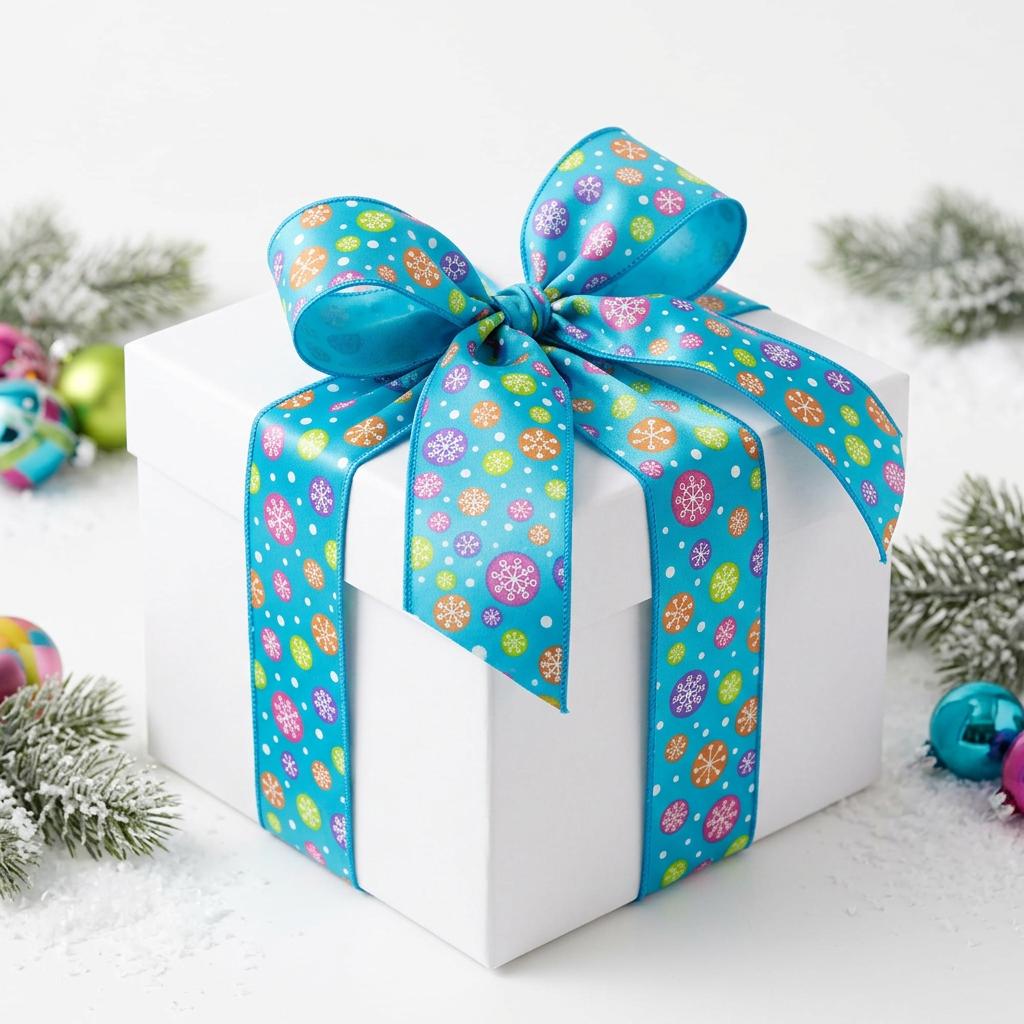 Teal snowflake wired ribbon bow on white gift box in snowy setting