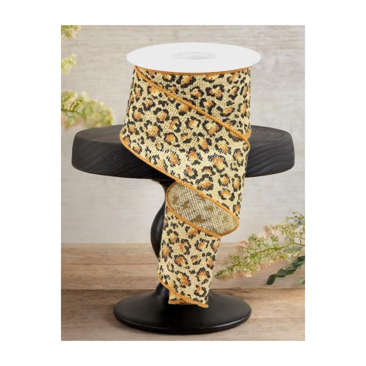 2.5" Metallic Leopard Print Burlap Ribbon: Natural (10 Yards)