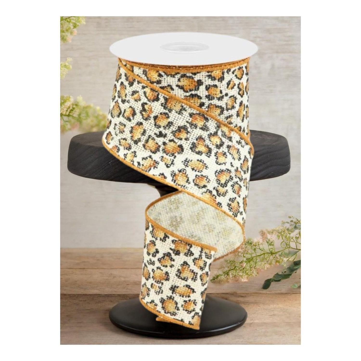 2.5" Metallic Leopard Print Burlap Ribbon: Off White (10 Yards)