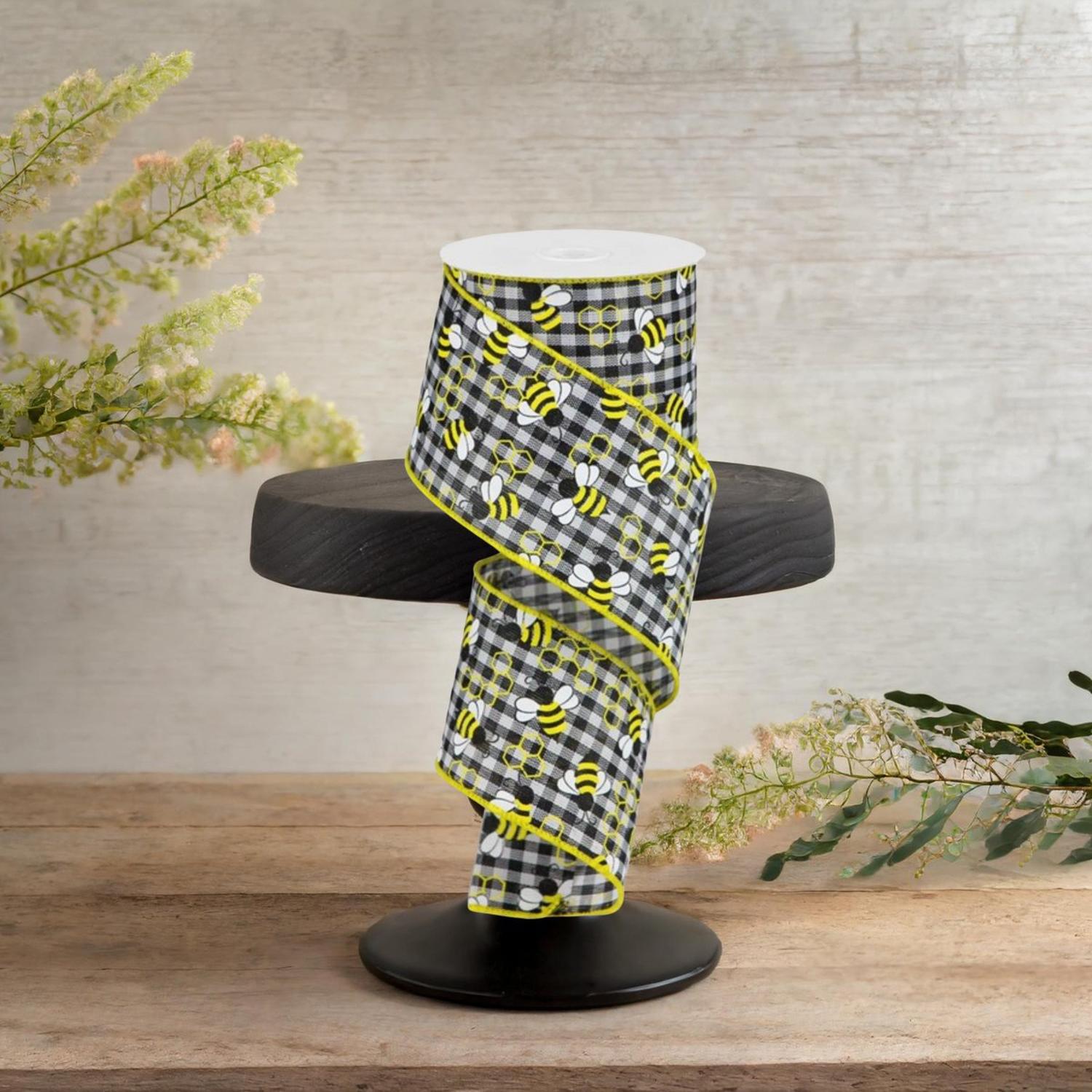 2.5" Mini Bumblebees on Royal Ribbon: Gingham Check (10 Yards)