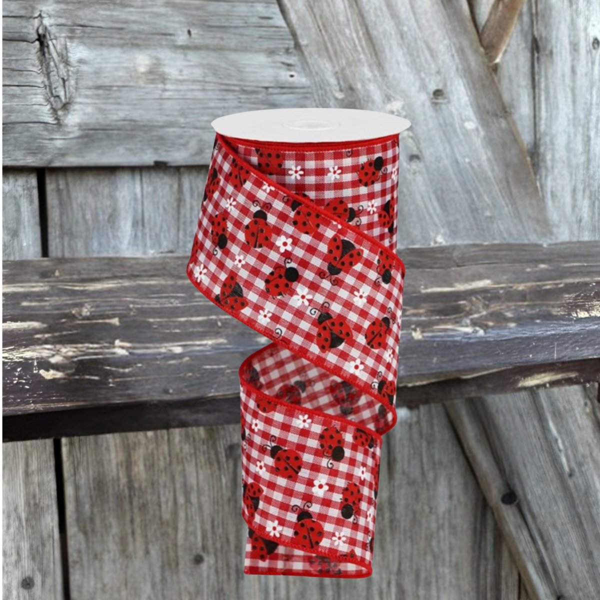 Shop For 2.5" Mini Ladybug on Royal Ribbon: Red Gingham (10 Yards) at Michelle's aDOORable Creations
