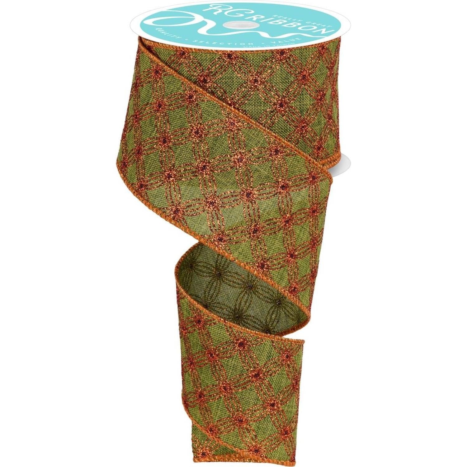 2.5" Multi Circles and Dots Ribbon: Green/Copper (10 Yards)