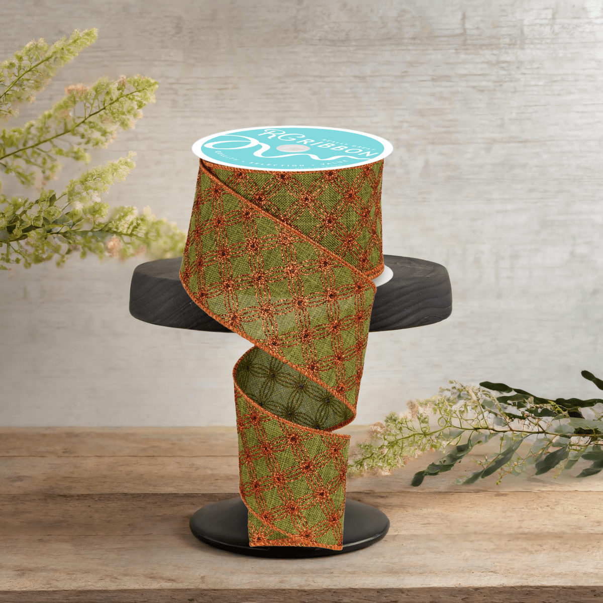 Shop For 2.5" Multi Circles and Dots Ribbon: Green/Copper (10 Yards)