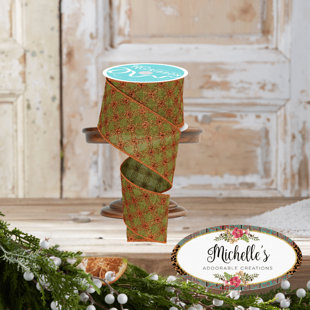 Shop For 2.5" Multi Circles and Dots Ribbon: Green/Copper (10 Yards)