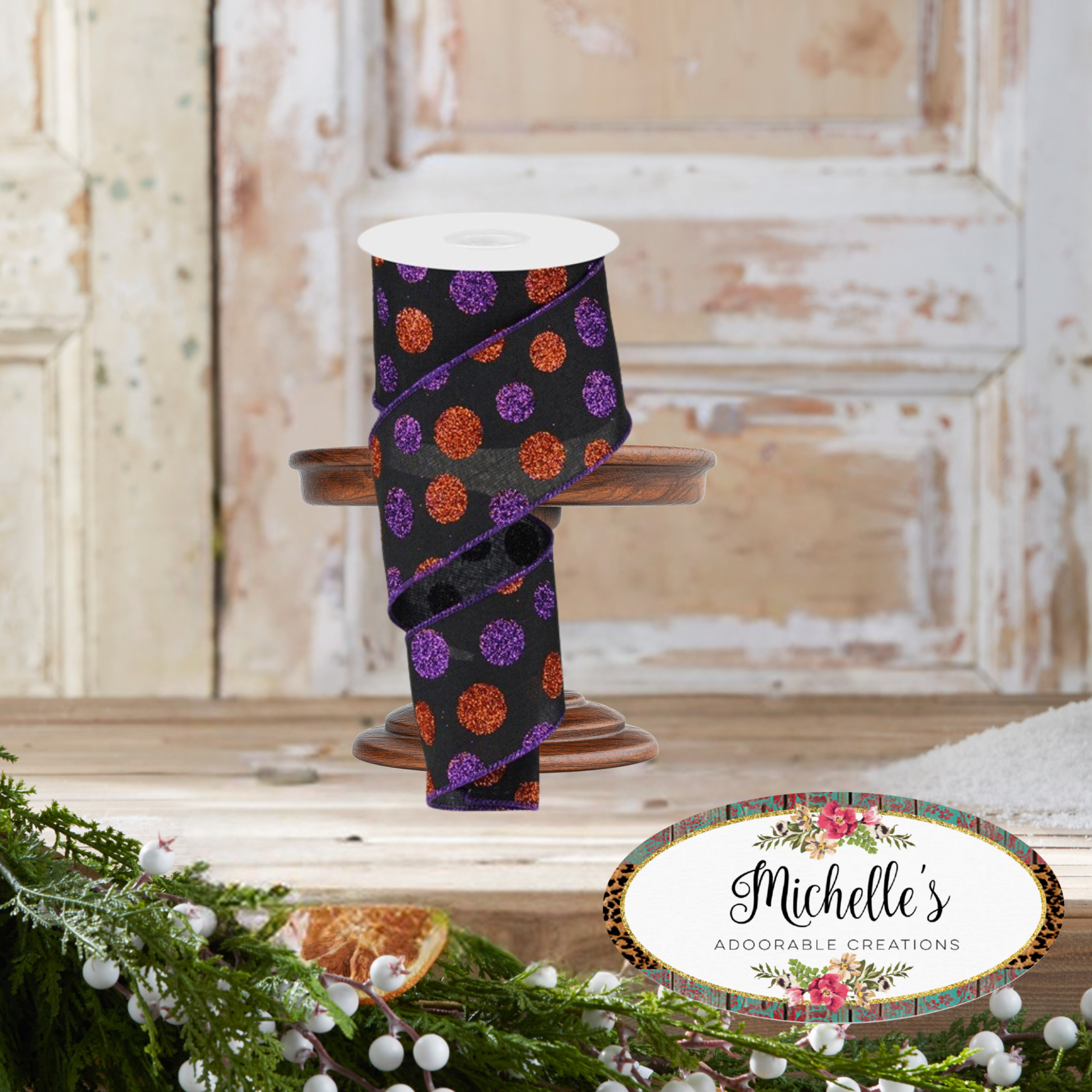 Shop For 2.5" Multi Glitter Dots: Black, Purple and Orange (10 Yards)